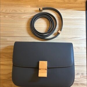 Elegant Gray Leather Clutch with Gold Clasp